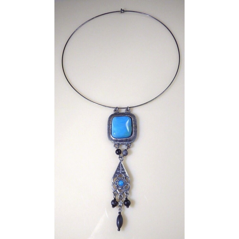 Faux Turquoise Choker Necklace Silver Tone Southwest Inspired Black Bead Vintage